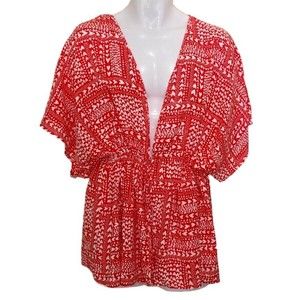 Victoria's Secret Swim Cover Up One Size Red White Heart Beach Kimono Tunic